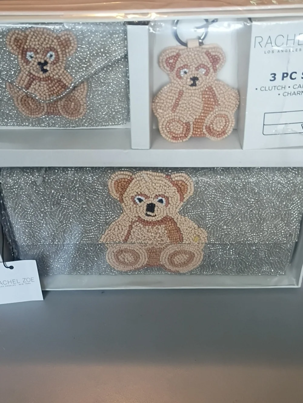 Rachel Zoe Silver Glitter Teddy Bear Clutch & Keychain Set with Card Case Adults